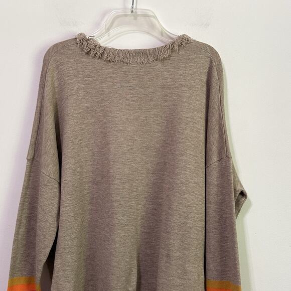 THML Knit Top Sweater M Fringe Trim Tan Pullover Boat Neck Rainbow Stripe Cuff - Picture 7 of 9